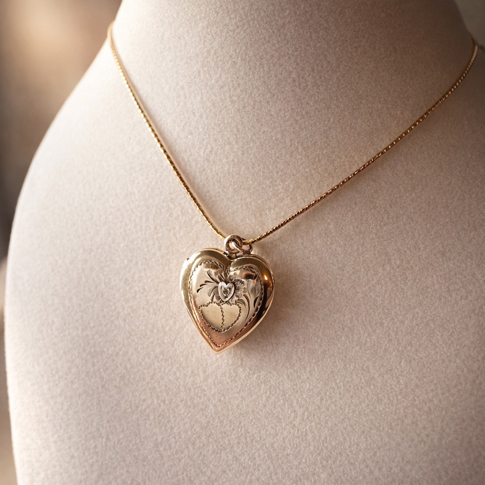 Vintage engraved heart 12kt G.F.  locket gold on silver locket necklace